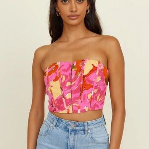 Vibrant Pink and Orange Floral Bustier Crop Top